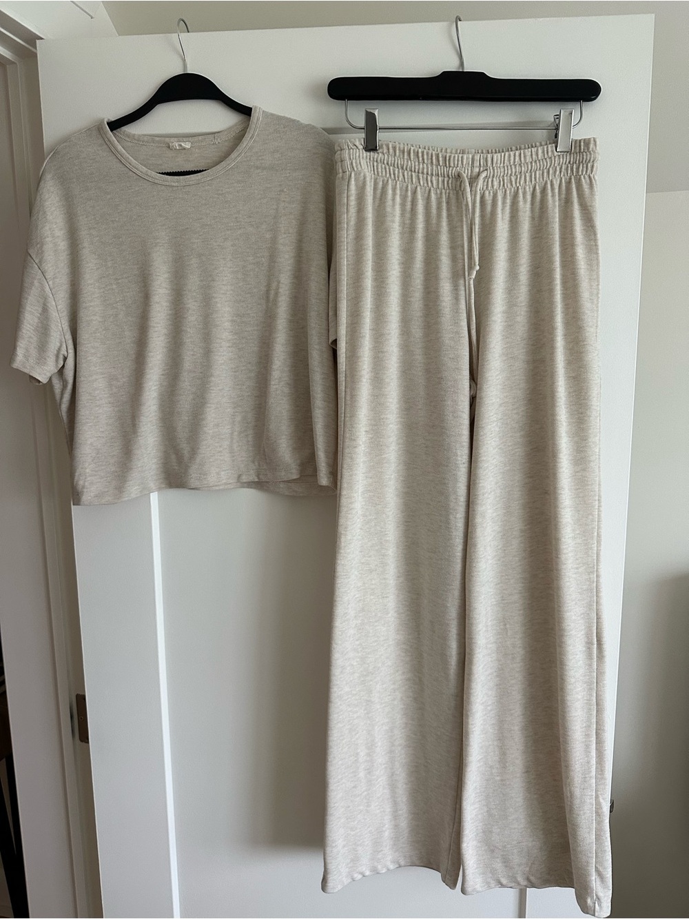 Aritzia Oatmeal Cream Short Sleeve Top & Wide-Leg Lounge Pants Set